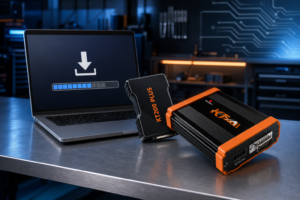 KT200II software download guide with real KT200II hardware beside a workshop laptop